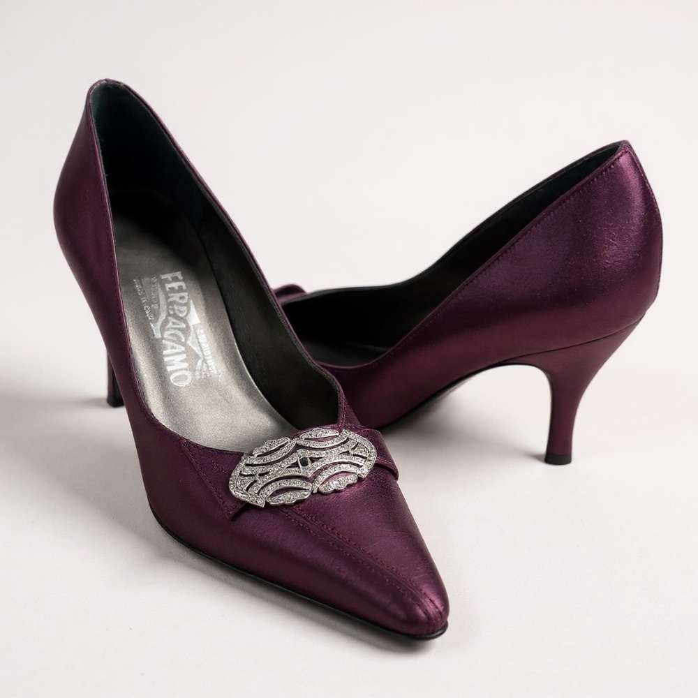 Salvatore Ferragamo Purple Heels with Silver rhinestones Detail